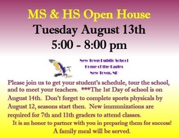 Open House on Tuesday August 13th at NTMS and NTHS