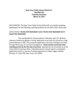 Girls Basketball Coach Opening for the 2021-22 School Year
