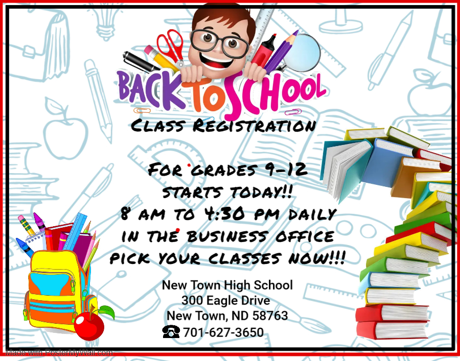 Class Registration   For grades 9-12 starts today!! 8 am to 4:30 pm daily in the business office pick your classes Now!!!